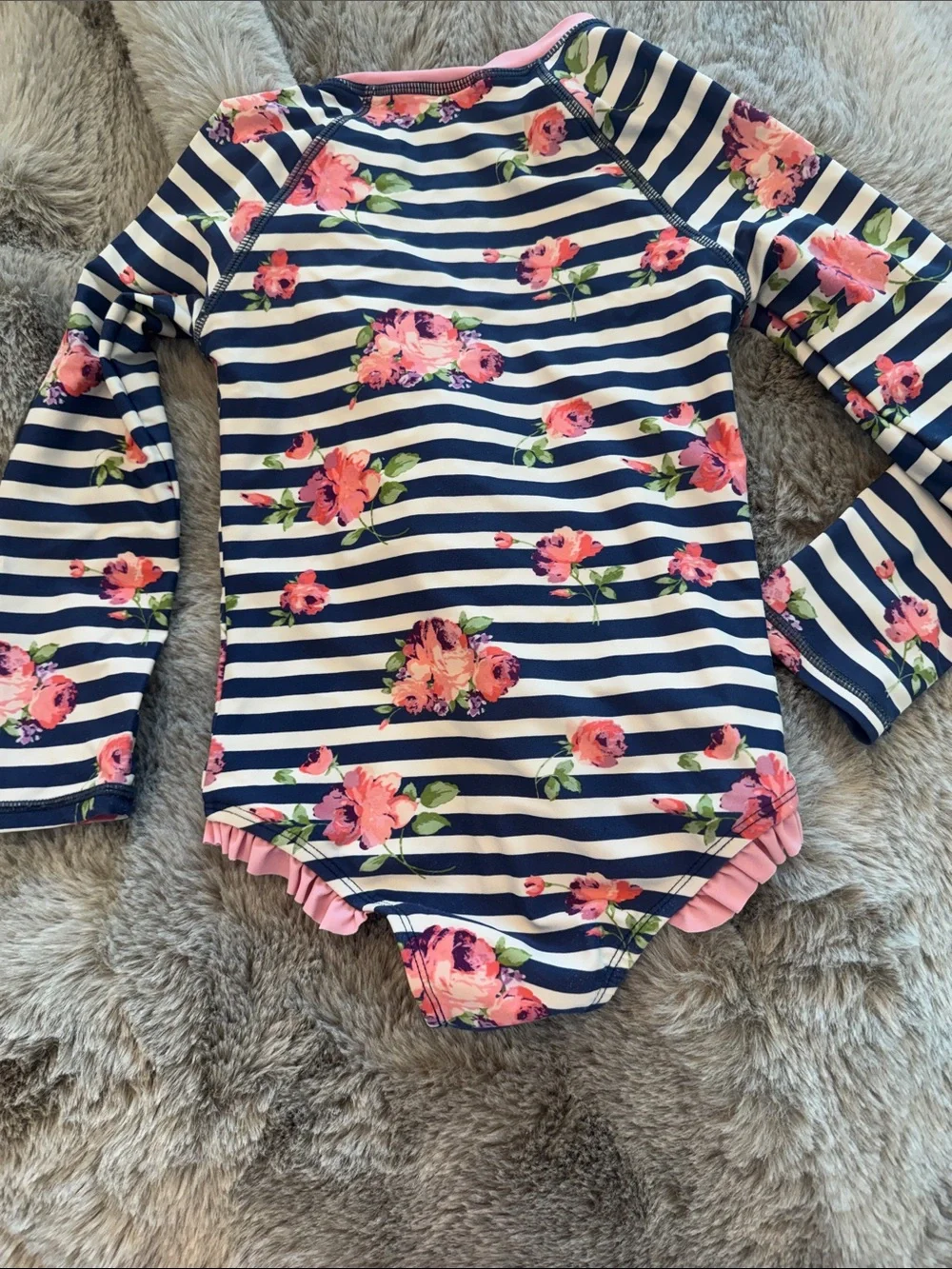 RUFFLE BUTTS Girls Navy Stripe & Pink Floral Long-Sleeve Rash Guard Swimsuit